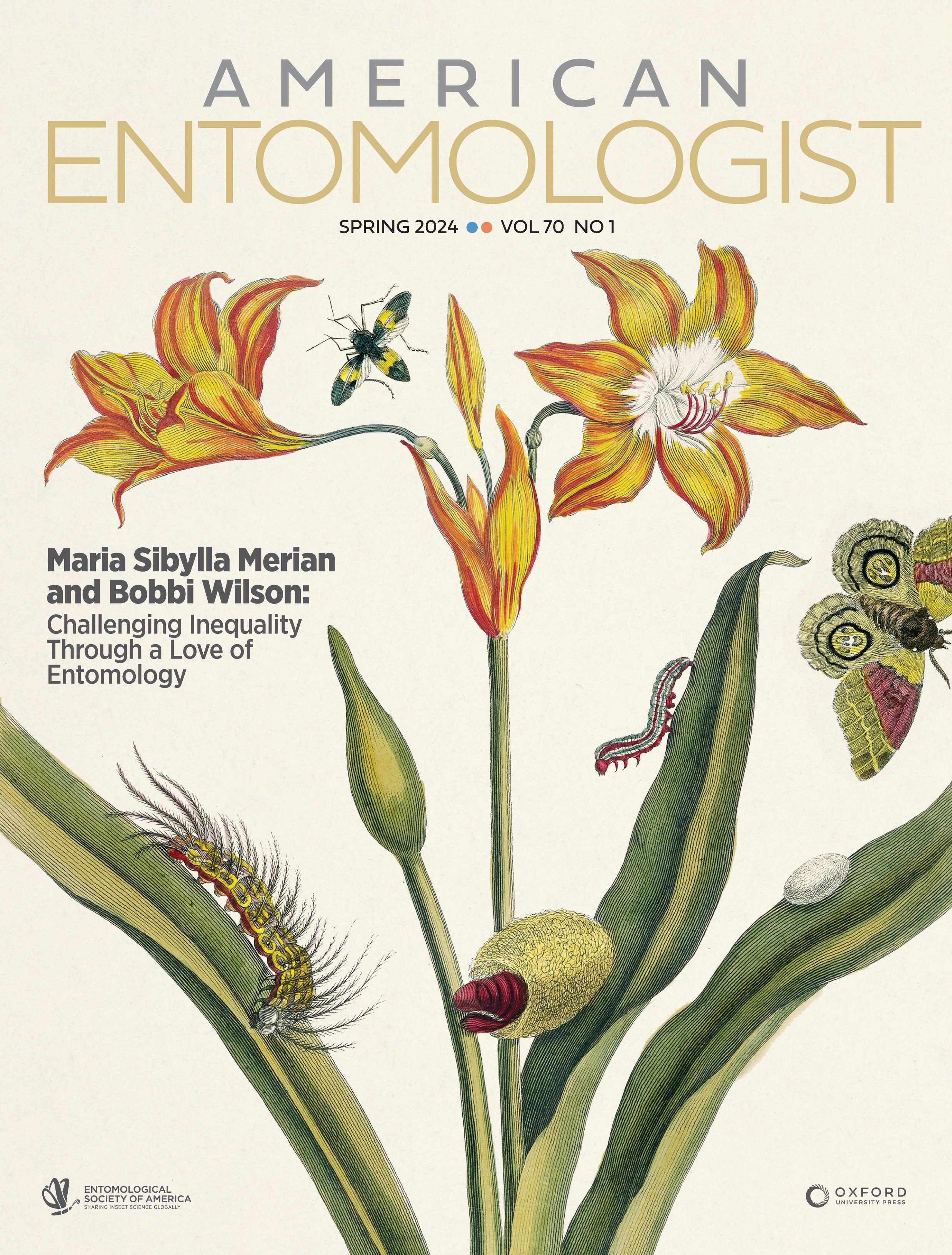 Cover of the Spring 2024 issue of American Entomologist. The subtitle reads, "Maria Sibylla Merian and Bobbi Wilson: Challenging Inequality Through a Love of Entomology." The cover shows an artistic collage of yellow flowers, leaves, and insects.