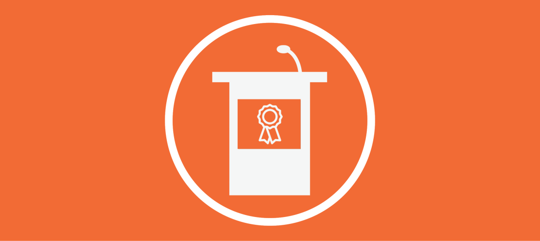 Orange background with white awards podium icon surrounded by white circle.