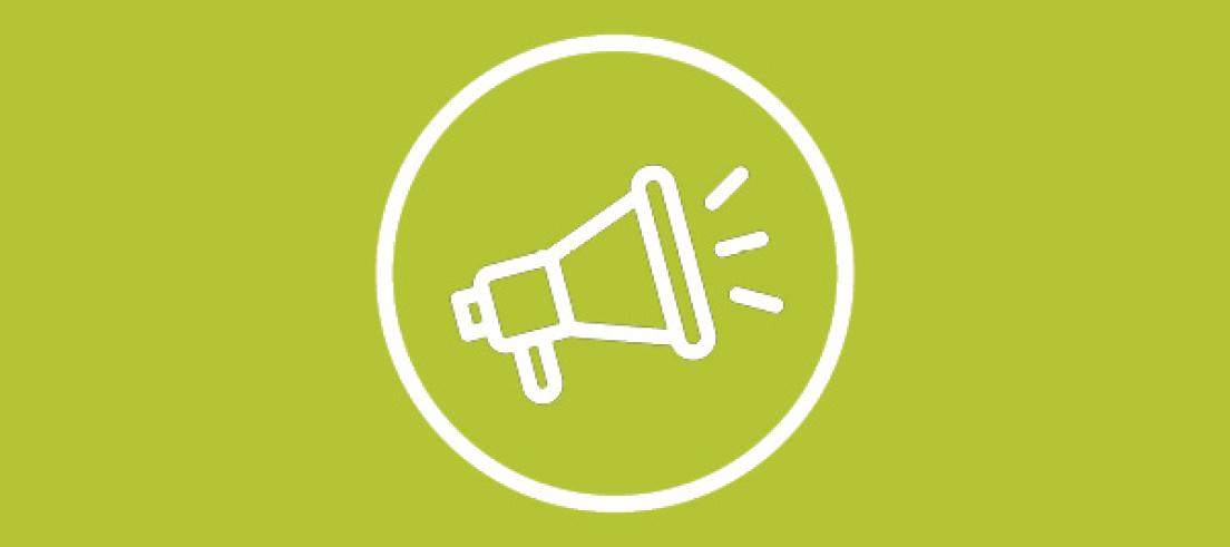 Green background with white megaphone icon surrounded by white circle.