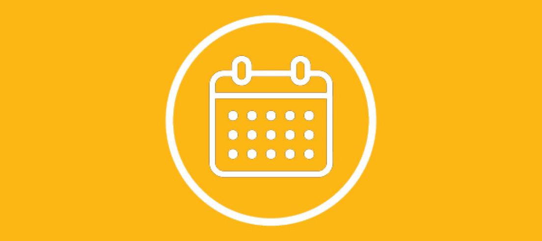 Yellow background with a calendar icon surrounded by white circle.