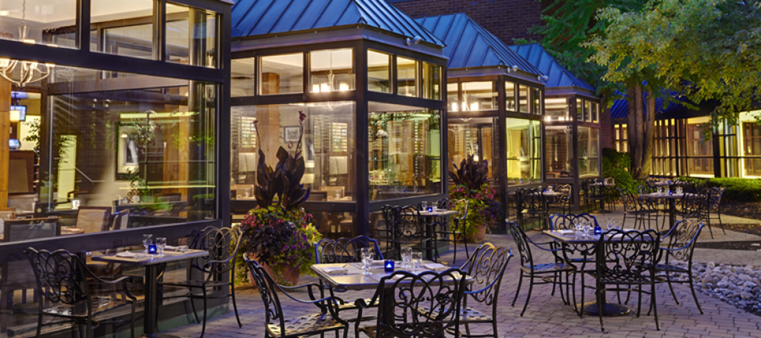 Exterior of Hotel, seating and windows