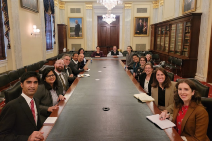 Each year, five applicants are selected by a competitive process to become fellows. They meet in D.C., gathering around a large conference table in a formal room with chandeliers and portraits, preparing for meetings on Capitol Hill and federal agency visits.